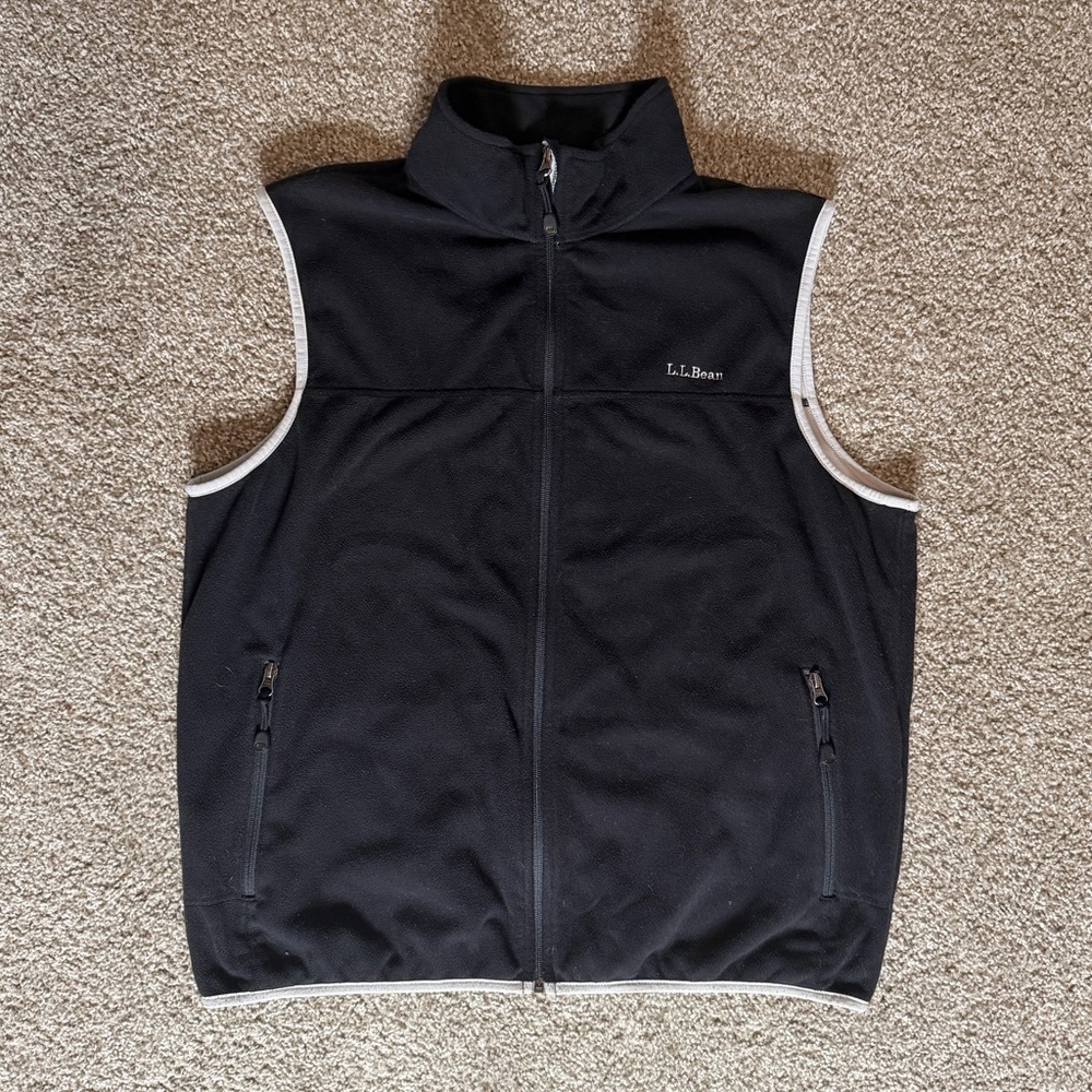 L.L. Bean Polartec Fleece Vest Mens Large Black Gray Trim Full Zip 0AFW8 Vintage